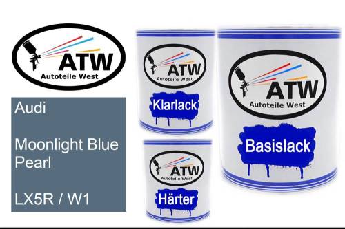 Audi, Moonlight Blue Pearl, LX5R / W1: 1L Lackdose + 1L Klarlack + 500ml Härter - Set, von ATW Autoteile West.